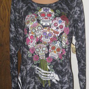 One World Plus Size 1x, 14,16, Dias De Los Muertos, Day of the Dead Tunic Top